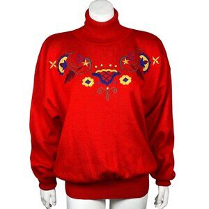 Vintage Obermeyer Lillian Wool Blend Turtleneck Sweater Womens XL Embroidered